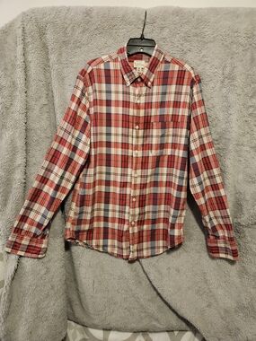J. Crew Shirt, Mens Longsleeve Plaid, Red, Tan, Blue, 100% Cotton, Size Medium